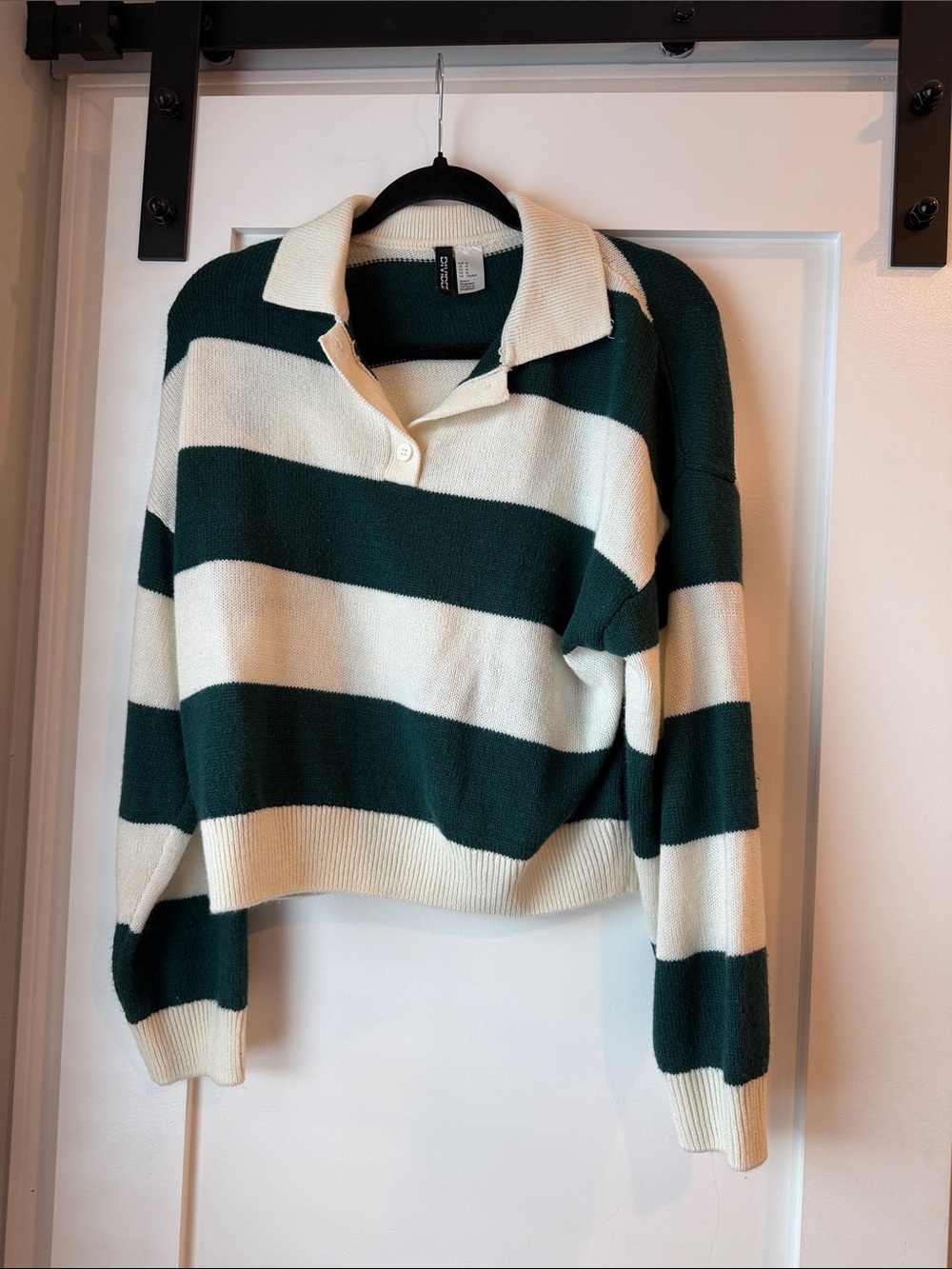 H&M Striped Collared Pullover Sweater - Forest Green & Cream